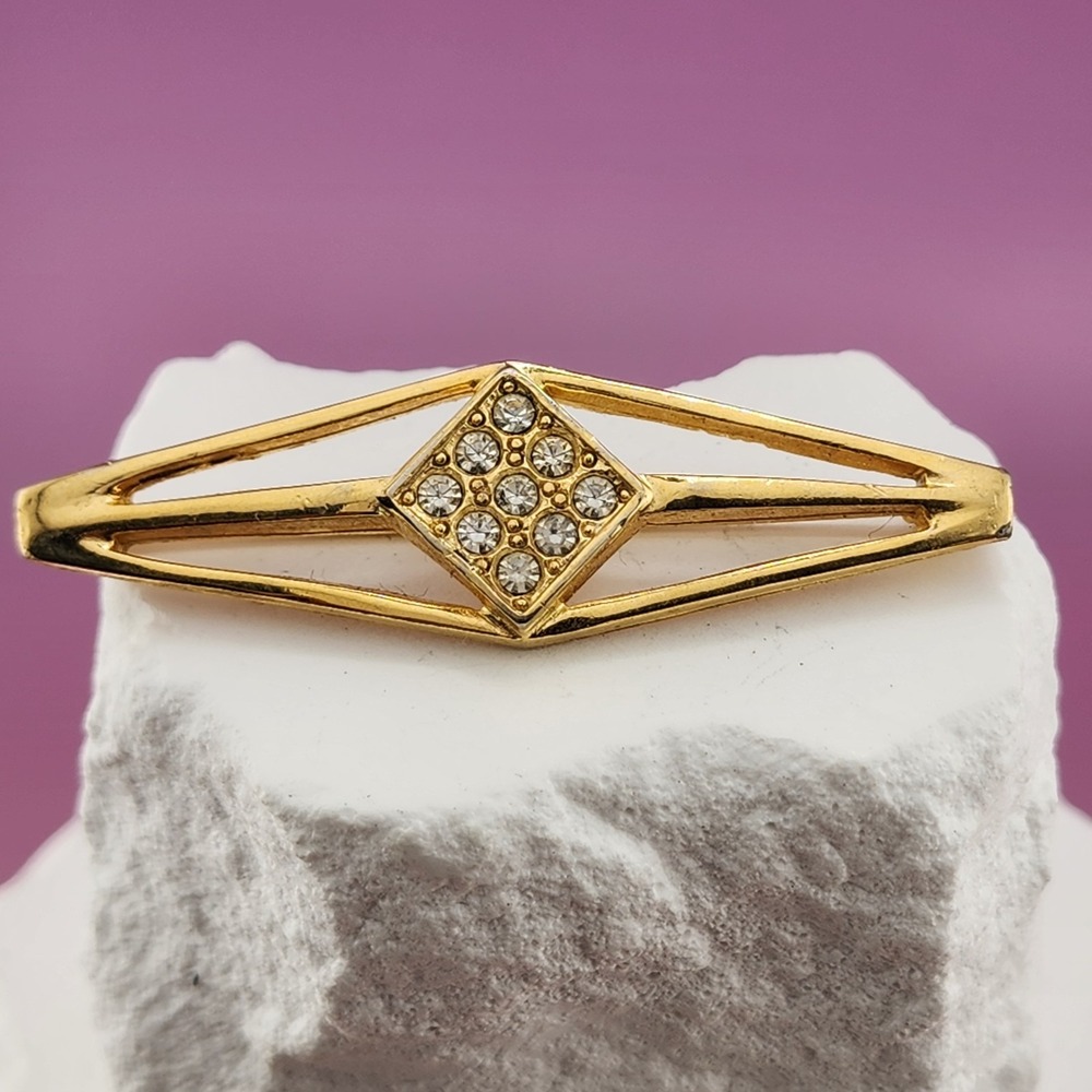 Trifari Gold Tone Rhinestone Geometric Bar Brooch Pin Mid Century Modernist